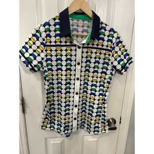 Kinona Golf Polo Shirt White Blue Green Yellow Geometric Circle Print Women S